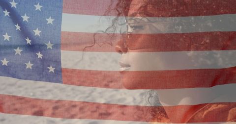 Patriotic Reflection Woman Behind Waving American Flag