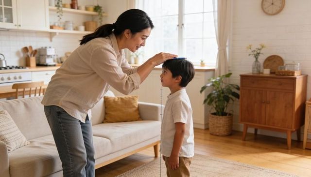 Mother measuring son's height with book in bright living room, family growth milestone