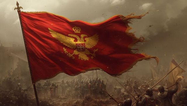 Waving crimson banner bearing heraldic two-headed eagle and crown over medieval battlefield