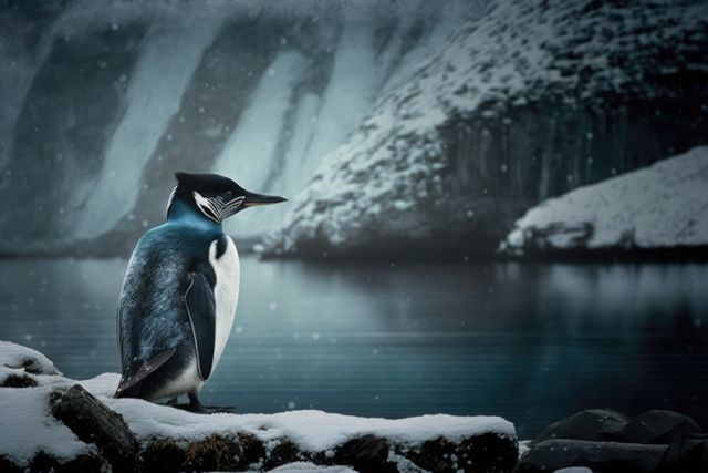 This stock photo features a penguin standing on a snowy rock, set against an arctic background with icy cliffs and a frozen lake. Perfect for wildlife documentaries, educational content about polar regions, conservation campaigns, or decor for winter-themed projects.