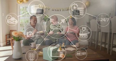 Multigenerational family birthday celebration with cake and data overlay in living room