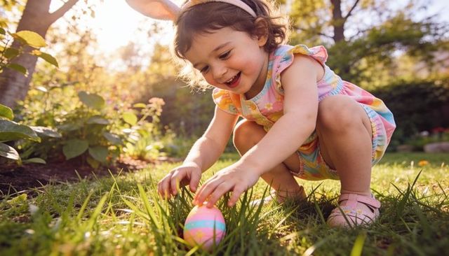 Toddler discovering pastel easter egg in sunny backyard garden playtime