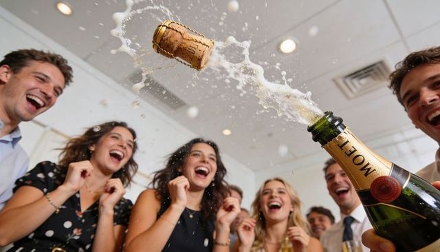 Champagne cork popping over laughing professionals celebrating corporate toast & success