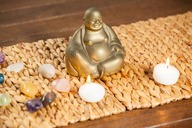 Laughing Buddha Figurine with Pebbles and Lit Candles on Woven Mat - Download Free Stock Photos Pikwizard.com
