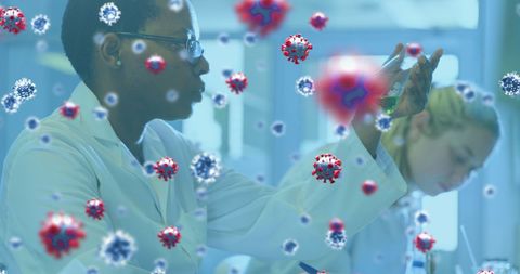 Laboratory Scientists Analyzing Blood Samples with Coronavirus Overlay