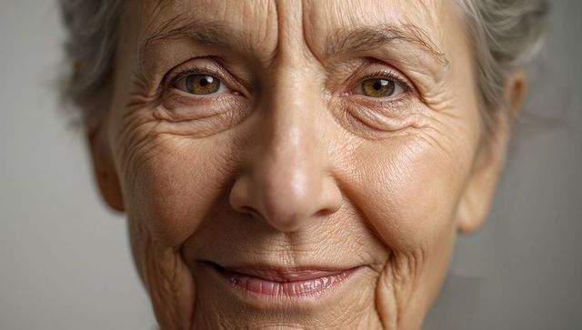 Closeup smiling senior woman highlighting natural skin texture, wrinkles and hazel eyes