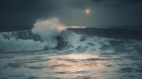 Moody Night Ocean Waves Under Casting Moonlight