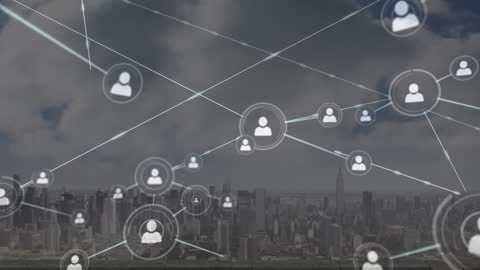 Animated Network Connections Overlaying Urban Skyline