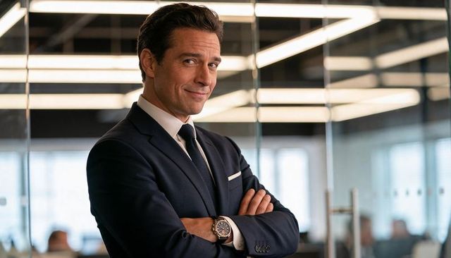 Confident executive standing with arms crossed in modern glass office, navy suit and tie