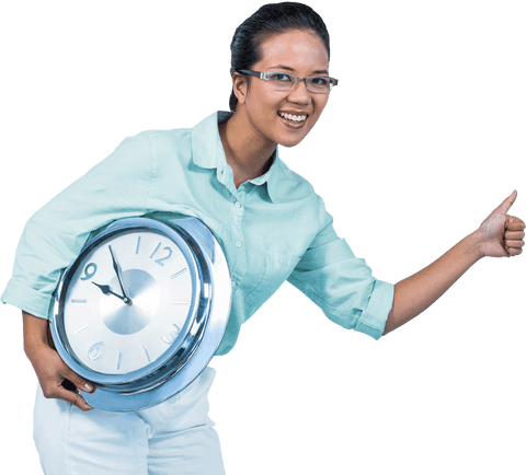Transparent Happy Businesswoman Holding Large Clock Thumbs Up