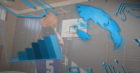 Youth basketball player shooting in gym with digital globe and rising bar chart overlay