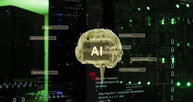 Depicts concept of artificial intelligence with a digital brain surrounded by data processing elements and computer servers, signifying advanced computing and neural networks. Ideal for use in tech-focused articles, cyber security presentations, AI and machine learning technology discussions, future innovation projects, and digital transformation materials.