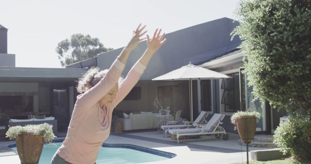 Senior Woman Practicing Yoga by Outdoor Pool in Backyard - Download Free Stock Images Pikwizard.com