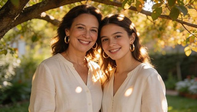 Mother and daughter embracing in warm garden light wearing light blouses and gold hoops