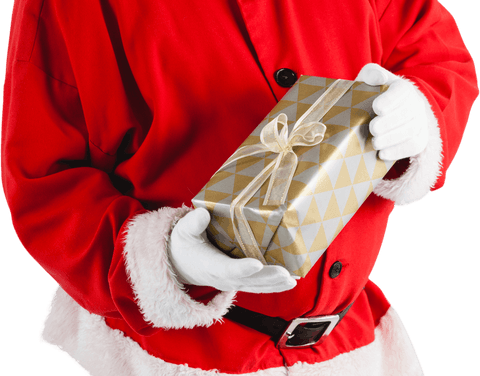 Santa Holding Transparent Golden Gift Box in White Gloves