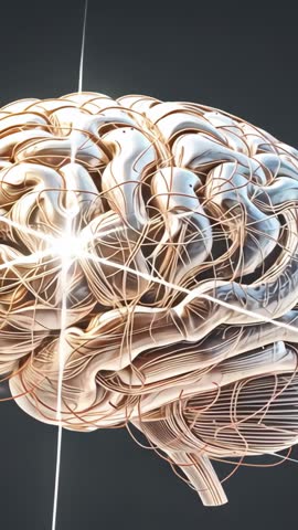 Rotating Metallic Brain Model Revealing Neural Pathways with Falling Light Beams Vertical Video