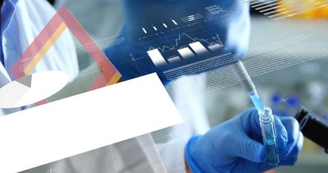 Scientist Pipetting Blue Liquid with Digital Data Overlay