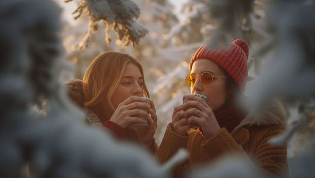 Friends Enjoying Hot Drinks in Snowy Forest during Winter Sunset