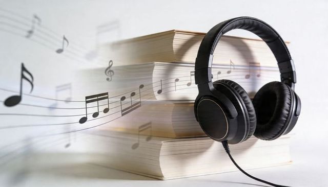 Black over-ear headphones resting on stack of paperbacks with streaming musical notes