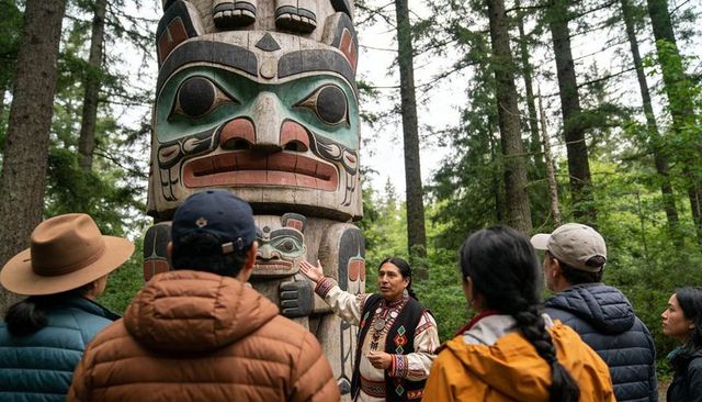 Indigenous guide explaining totem pole in old-growth forest cultural tour for visitors