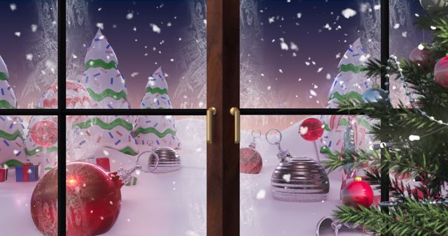 Cozy Winter Landscape Seen Through Window with Christmas Decor - Download Free Stock Images Pikwizard.com