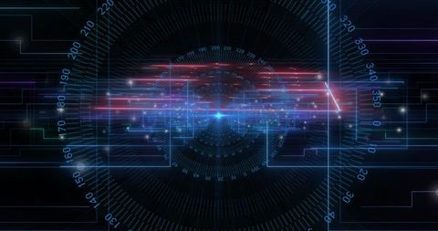Holographic HUD Radial Interface with Neon Data Trails and Futuristic Telemetry Grid