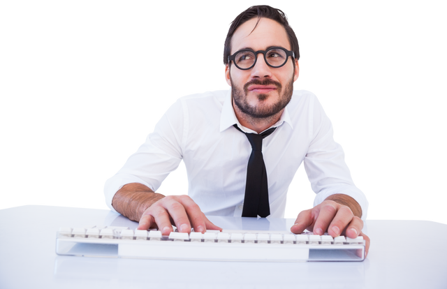 Thoughtful Businessman at Desk Using Transparent Computer Keyboard - Download Free Stock Videos Pikwizard.com