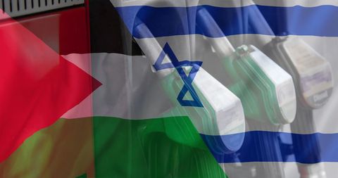 oil pumps over overlayed israel and palestine flags symbolizing conflict - Download Free Stock Images Pikwizard.com