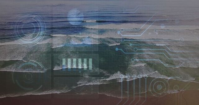 Digital Interface Overlapping Ocean Waves with Futuristic HUD Elements