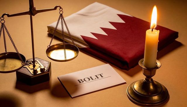 Qatar justice concept featuring brass scales, candlelight and ballot envelope legal symbol