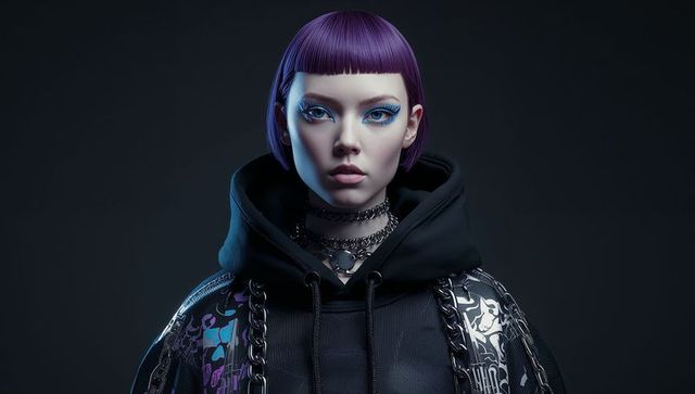 Futuristic purple-bob model posing in black hoodie and metal jacket with blue eyeliner