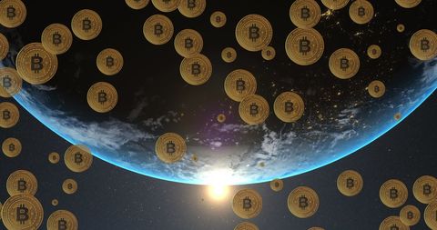 Digital Cryptocurrency Revolution around Earth at Sunrise
