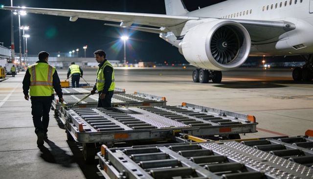 Night airport ground crew guiding cargo pallet dollies on apron near turbofan airliner