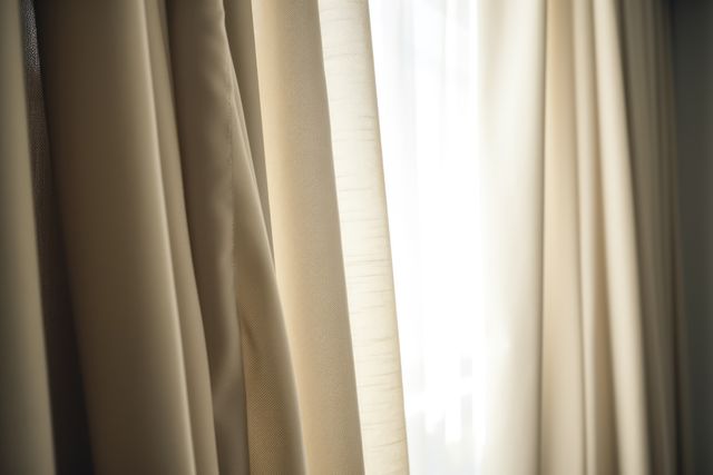 Beige curtains hanging in room with window, created using generative ai technology. Interior design, home decor and fabric concept digitally generated image.