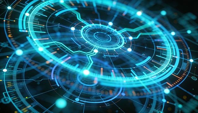 Projecting futuristic concentric hud with glowing nodes, radial scales and neon circuitry
