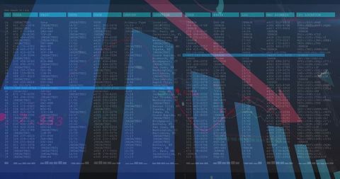 Cyber Dashboard Displaying IP Tables with Neon Charts, Rising Bars and Red Arrow