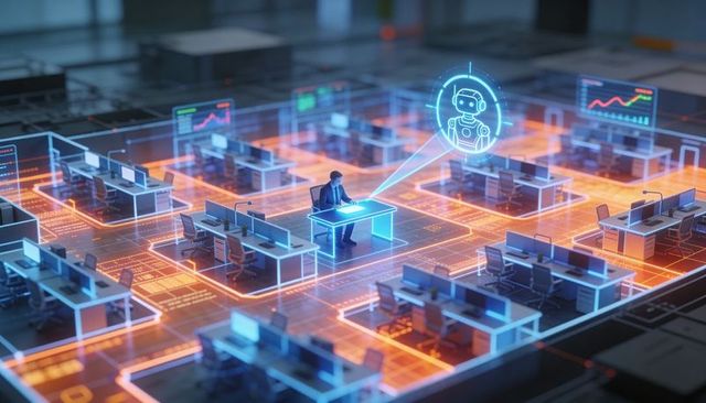 Male analyst using holographic ai assistant in futuristic neon grid office for data control