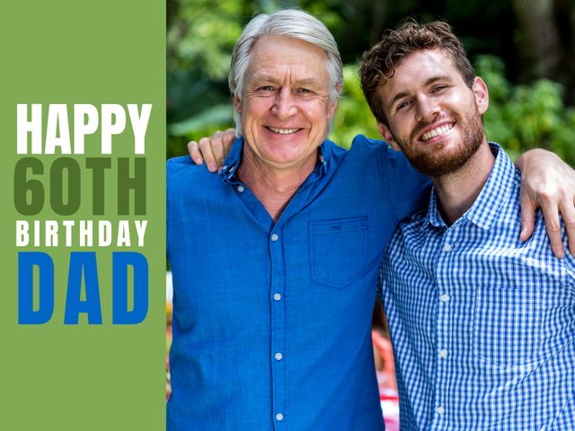 A touching moment as a father and son share a warm embrace while celebrating the father's 60th birthday. The setting shows an outdoor environment, suggesting ideas for family gatherings, milestone celebrations or advertisements focused on family bonds and aging gracefully. This image can be used for birthday invitations, family-oriented products, or promotional materials celebrating familial joy and connection.