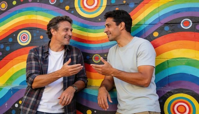 Two middle-aged men smiling and chatting against vibrant rainbow mural, urban friendship