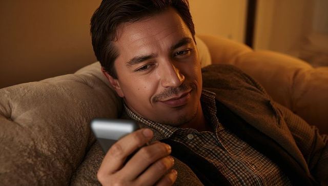 Relaxing man reclining on plush sofa scrolling smartphone in cozy warm-lit living room