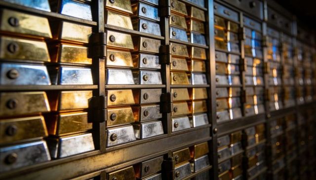 Rows of bank safety deposit box doors showing locks, metallic patina and reflections