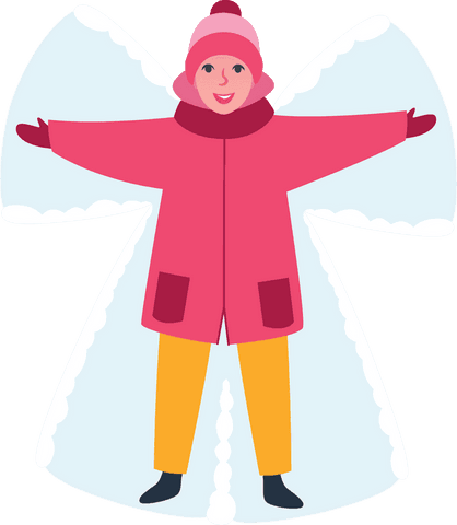 Child making snow angel in winter attire with transparency