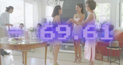 Surprised women celebrating elegant living room with neon purple digital overlay and chandelier glas