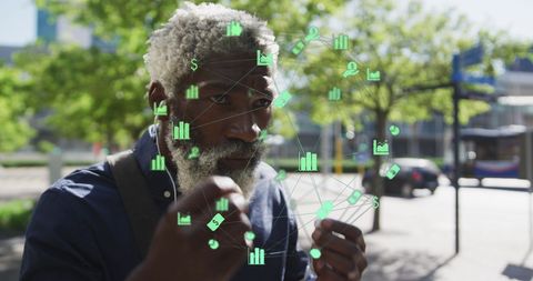 Mature Man Engaging with Digital Financial Interface Outdoors