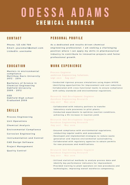 This modern resume template is ideal for chemical engineers looking to highlight their technical skills and professional experience. The design appeals to recruiters with its clean and easily readable layout. Perfect for job applications in engineering sectors, it facilitates showcasing qualifications, work experience, and education effectively in neatly organized sections. Suitable for recent graduates and experienced engineers alike, it ensures your profile stands out.