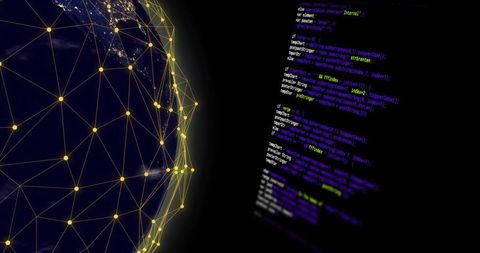 Connecting Global Network Mesh with Neon Nodes and Scrolling Code on Dark Tech Background