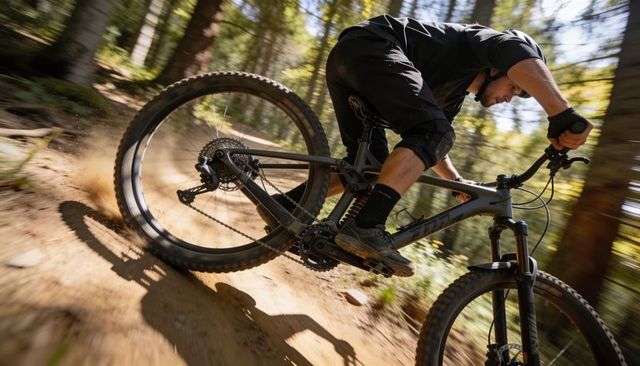 Male mountain biker leaning into fast right turn on dusty forest singletrack trail
