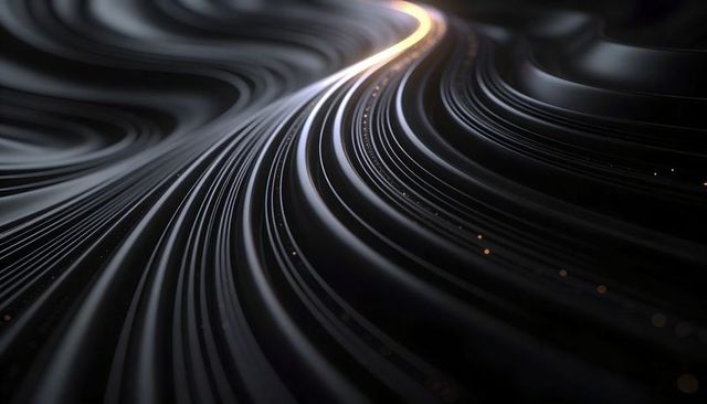 Glossy black metallic ribbons flowing toward vanishing point with gold seam and bokeh