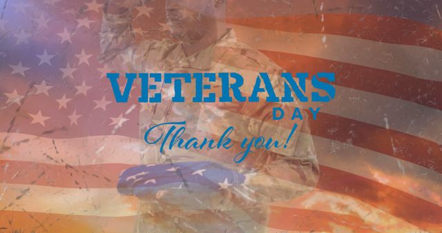 Image of veterans day thank you text over african american male soldier and american flag. patriotism and celebration concept digitally generated image.