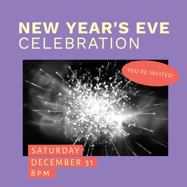 Poster design featuring a New Year’s Eve celebration invitation. Includes stylized text with ‘You’re Invited!’, date, and time over a background of fireworks. Suitable for event promotion and social media announcements.